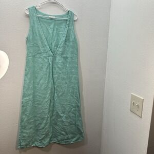 EILEEN FISHER 100% Linen Deep V Tunic Shift Midi Dress Blue Green Minimalist